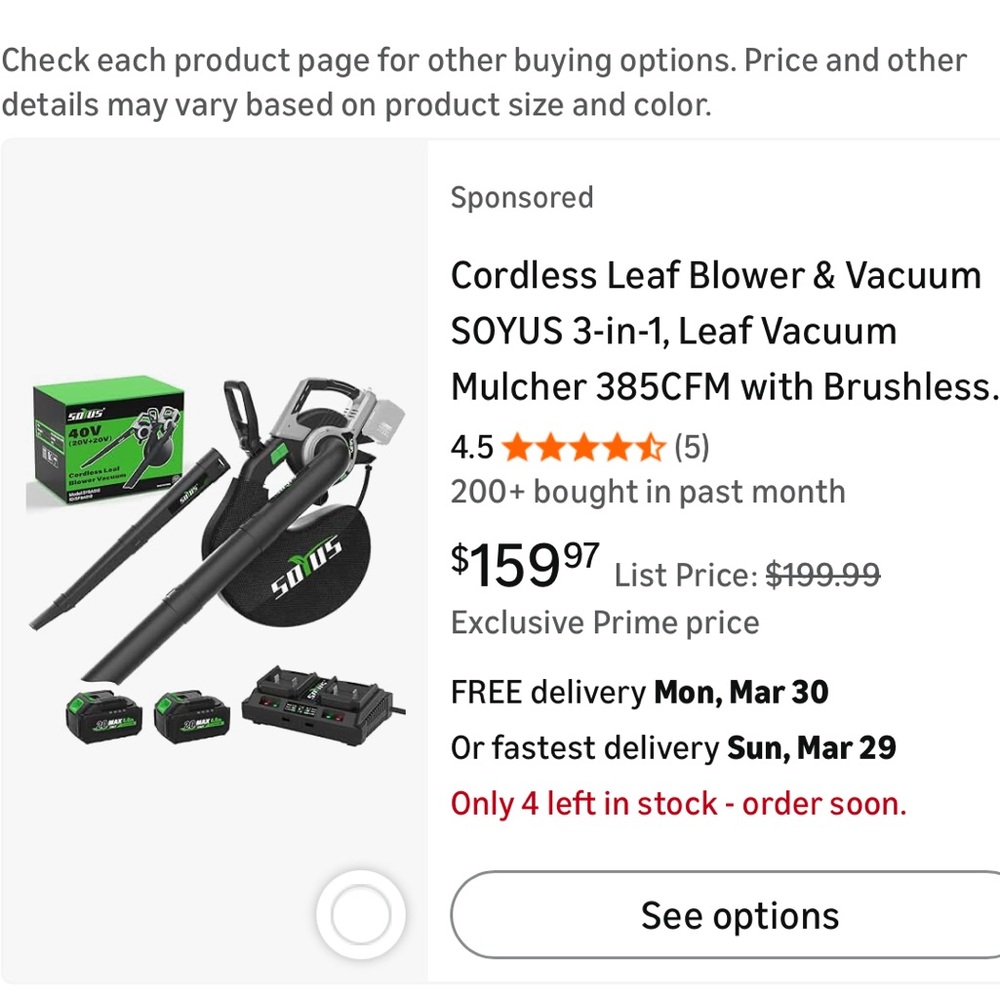 SOYUS 3-in-1 Cordless Leaf Blower Vacuum Mulcher - Black & Green